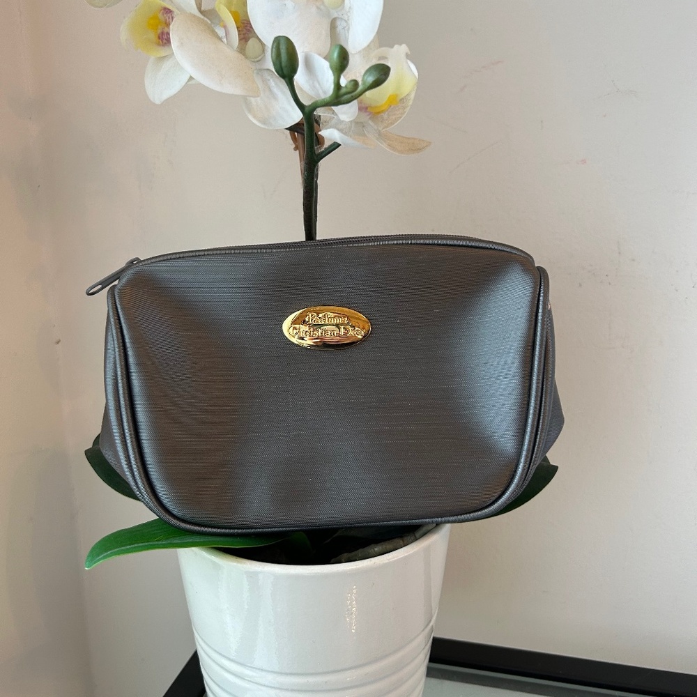 Christian Dior Parfums Gray Silver Mini Makeup Bag With Gold Detail